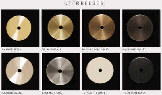 Oversikt som viser de ulike utførelsene man kan velge på metallet til lampen